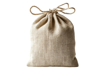 Small burlap drawstring bag tied with a bow. A reusable fabric pouch for storage, packaging, or gifts. Isolated, AI generated.  .