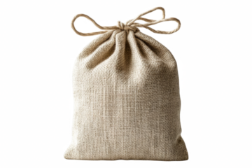 Small burlap drawstring bag tied with a bow. A reusable fabric pouch for storage, packaging, or gifts. Isolated, AI generated.  .