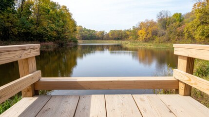 Fototapeta premium Flood Retention Ponds Concept, Scenic Observation Deck Overlooking Tranquil Retention Pond Surrounded by Lush Green Trees and Autumn Colors