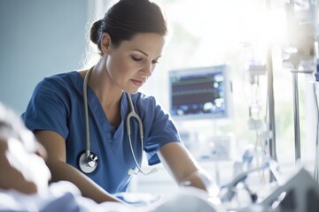 compassionate nurse in scrubs gently tending to patient in hospital room sunlight streaming softly through onto their