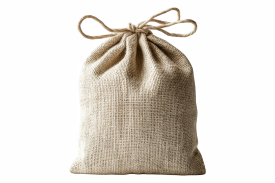 Small burlap drawstring bag tied with a bow. A reusable fabric pouch for storage, packaging, or gifts. Isolated, AI generated.  .