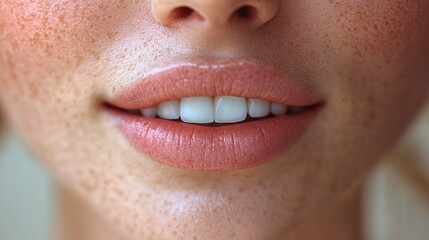 Fototapeta premium Woman's lower face highlights plump lips and white teeth, suggesting cosmetology or dentistry for lip augmentation.