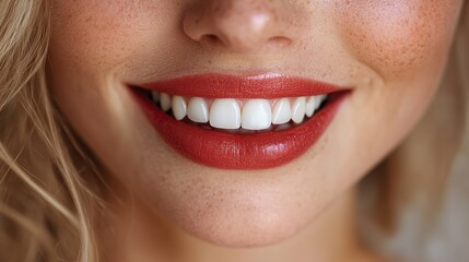 Woman's lower face showcases full lips, white teeth, and subtle smile, suggesting lip augmentation and beauty.