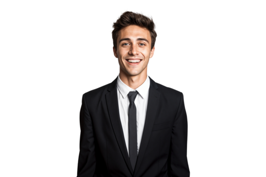 Formal handsome young businessman, smiling on face, isolated on transparent background