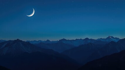 A crescent moon in the southern sky near mountains, space, mountain, astronomy