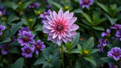 Obraz premium A dahlia's delicate petals dance in the breeze amidst a sea of lush green leaves soft purple hues, plant, soft grey
