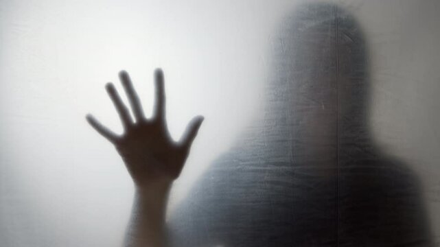 Silhouette of a woman extending her hand in despair or help. Concept of domestic violence, depression or problems. Mental health, loneliness. Horror.