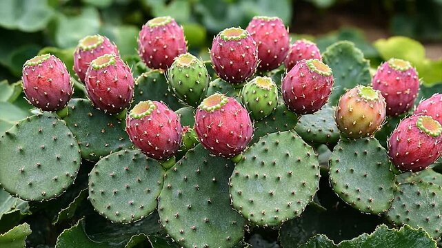 Colorful prickly pear cactus fruit growing abundantly in a sunny garden