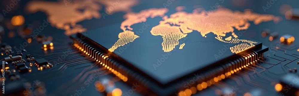 Aufkleber global map on microchip international connectivity. digital circuit, earth network, electronic semic