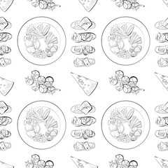 vector seamless pattern line art elements - food, salad, bruschetta, cheese, tomatoes
