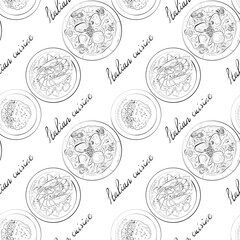 vector seamless pattern line art elements - food, Italian cuisine, risotto, pizza, pasta