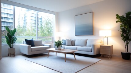 Fototapeta premium cozy living room scene showcases plush sofas and elegant decor under soft ambient lighting