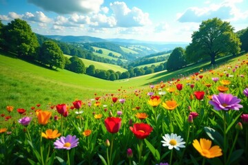 Fototapeta premium Colorful flowers in a rolling hillside with trees, wildflower, greenery