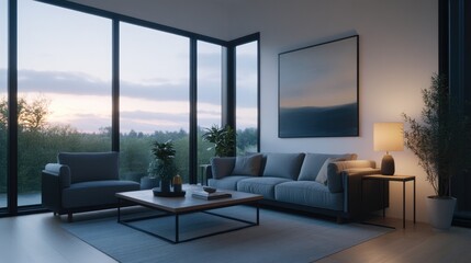 Fototapeta premium cozy living room scene showcases plush sofas and elegant decor under soft ambient lighting