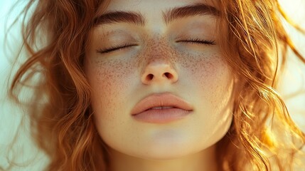Young woman breathing close-up profile highlights nose and freckles, suitable for rhinoplasty, cosmetology themes.