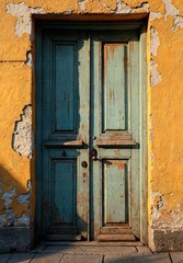 Vintage teal door aglow against a textured yellow wall