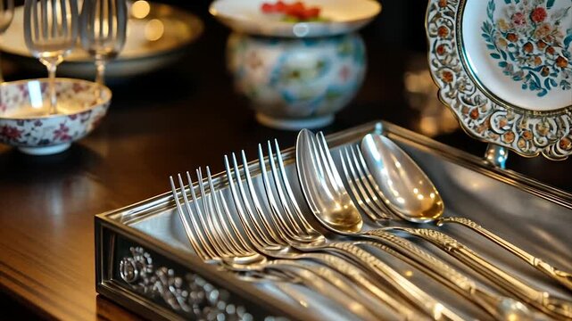 Elegant silverware arranged on a polished wooden table with fine china