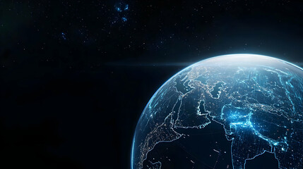 Partial View Of Planet Earth From Space At Night With Glowing Blue Networks And Stars