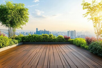 Fototapeta premium Scenic Rooftop Garden with Wooden Deck and City Skyline Under a Clear Sky at Sunset