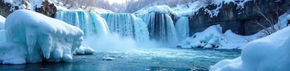 Frozen waterfall flowing into icy waters with snowflakes gently falling, flow, snow