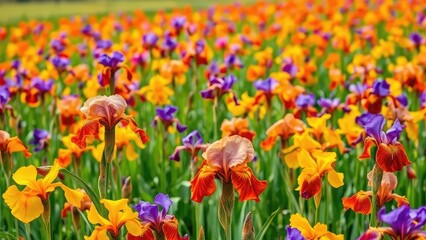 Fototapeta premium a field of irises with orange yellow and red hues swaying in the breeze, nature, flowers, field