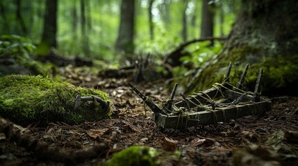 Naklejka premium Wildlife trapping setup in lush forest nature photography close-up view wilderness concept