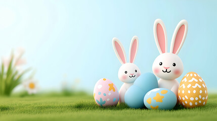 Obraz premium Cute Easter bunnies and eggs in a spring meadow