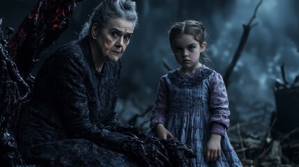 Mysterious encounter elderly woman and young girl in a dark forest cinematic scene haunting atmosphere close-up view