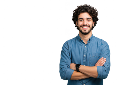 A young man with curly dark brown hair stands with his arms crossed isolated on transparent background