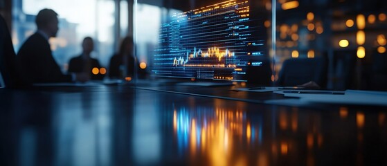 Computer screen displaying data analytics interface with professionals engaged in collaborative discussion in office setting