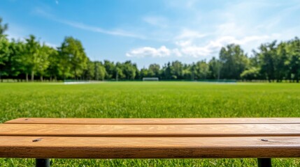 Obraz premium Empty school sports ground Concept, Immaculate Green Field Overlooked by Deserted Bleachers Under Clear Sky in a Quiet School Environment