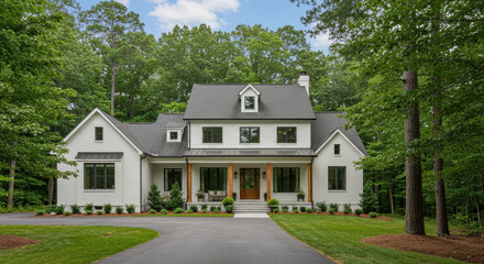 Stunning Modern Farmhouse: White Brick Estate, Black Windows, and Wood Accents - A Luxurious Home in a Lush Green Setting!