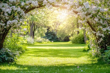 Serene Garden Path Framed by Blooming White Flowers Under Soft Sunlight in Springtime Bliss
