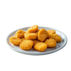 Golden, crispy chicken nuggets arranged on a white plate perfect for food-related content. isolated on white background and transparent background