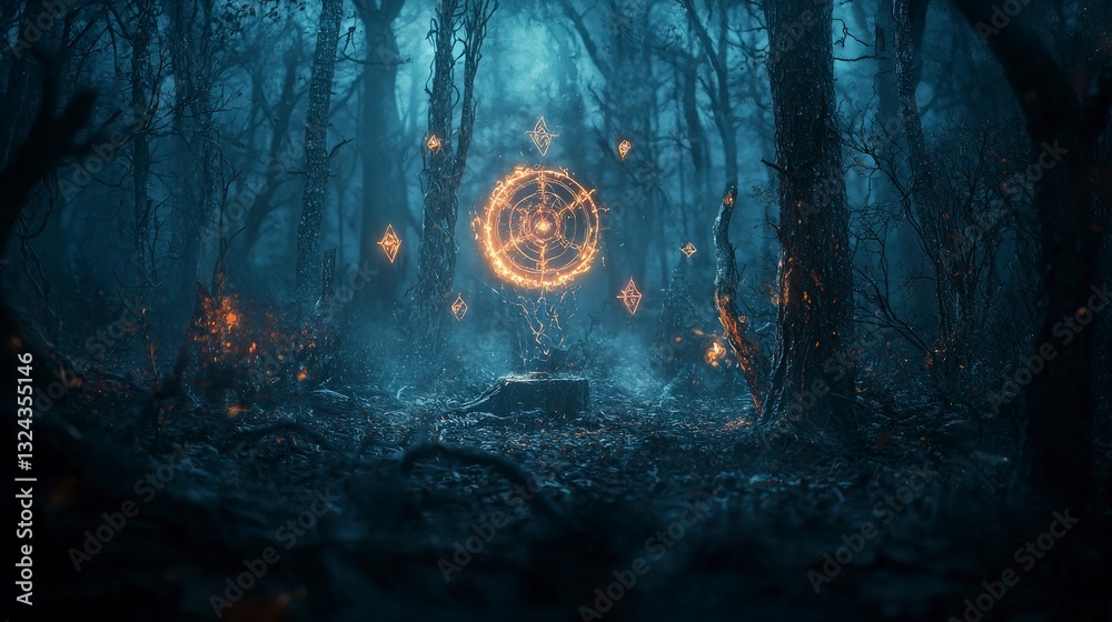 Aufkleber Mystical ritual unfolding in enchanted forest fantasy scene magical elements dark atmosphere surreal perspective