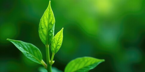 delicate green leaf on lupine stem under water drops, green leaves, plant details