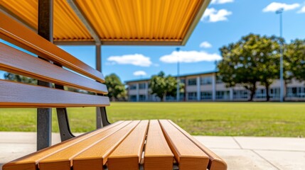 Empty school sports ground Concept, Empty Shaded Bench Resting Beside a Quiet School Field Under a Bright Blue Sky