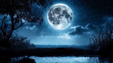 Serene moonlit reflection tranquil lake nature scene night sky wide angle dreamlike atmosphere