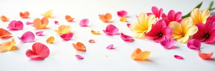 Naklejka premium Colorful flower petals scattered on white background, scattering flowers, colors, colorful flowers