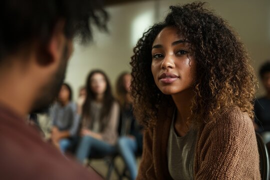 A psychologist who is a woman from Africa makes notes while speaking to a difficult group of teenagers in a therapeutic setting
