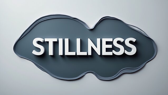A minimalistic design featuring the word 'Stillness' in bold letters against a smooth gray background, creating a tranquil atmosphere