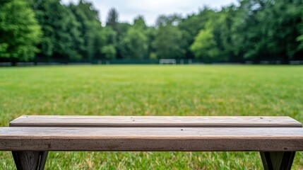 Empty school sports ground Concept, Neatly Kept Bleachers Overlooking a Quiet Empty Field Surrounded by Lush Green Trees in Soft Natural Light