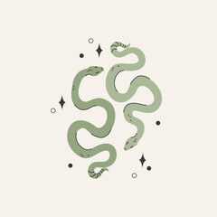 Two abstract rattle snakes illustration in minimal style. Mystical concept with serpents and stars for sticker print design, logo, icon, T-shirt, hoodie fashion design. Vector art