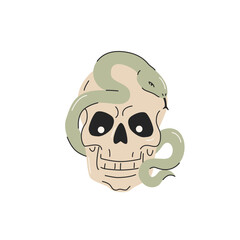 Cartoon funny human skull with snake isolated on white background. Skull bones snake vector illustration. Spooky creepy Halloween concept for textile fabric design in modern fashion style