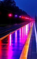 Obraz premium Vibrant neon-lit railroad tracks shine under rain at night revealing a futuristic urban landscape 