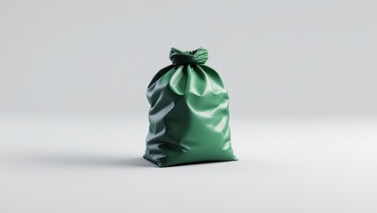 A green plastic garbage bag tied at the top, isolated on a clean and subtle gray background with soft lighting