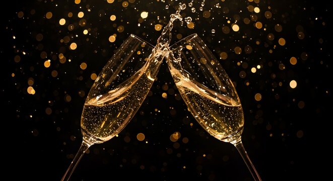 Elegant champagne toast celebration with golden bokeh background sparkles