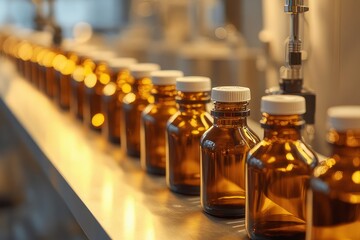 Row of amber glass bottles on laboratory shelf filled with liquid in a pharmaceutical setting