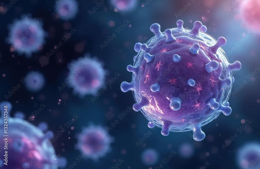 Poster close-up shot of exosome variations with blue, purple glowing. ball-shaped structures for cellular c