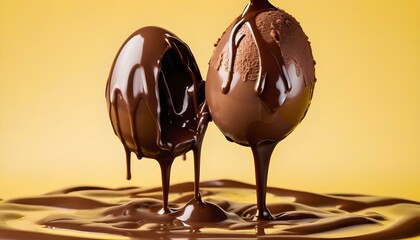 Obraz premium Close-up studio shot of a chocolate egg being covered in chocolate sauce, set against a vibrant yellow background. The chocolate egg is suspended in mid-air, with a stream of chocolate sauce pouring